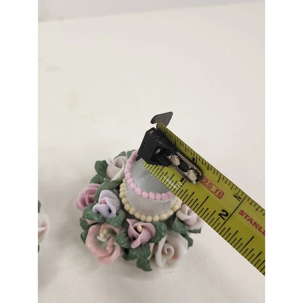 Vintage Porcelain Rose Floral Candle Holder Set Pastel Pink Lavender 2pc